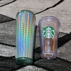 STARBUCKS IRIDESCENT MINT BUBBLE VENTI & CLEAR GRANDE INSULATED TUMBLERS